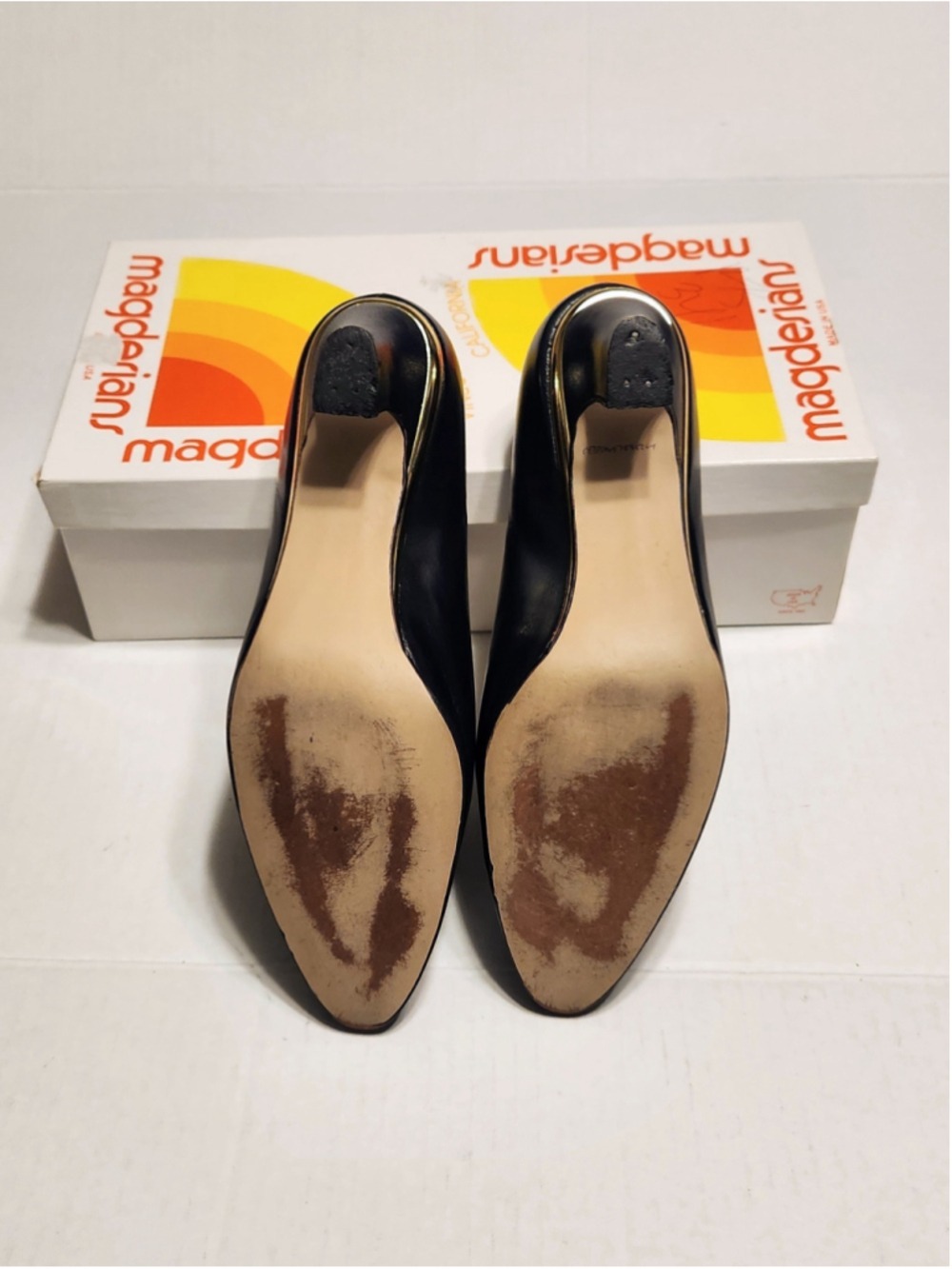 Magdesians Adara Navy Kid Leather Slip On Block Heel Pumps 6 M - Picture 8 of 12